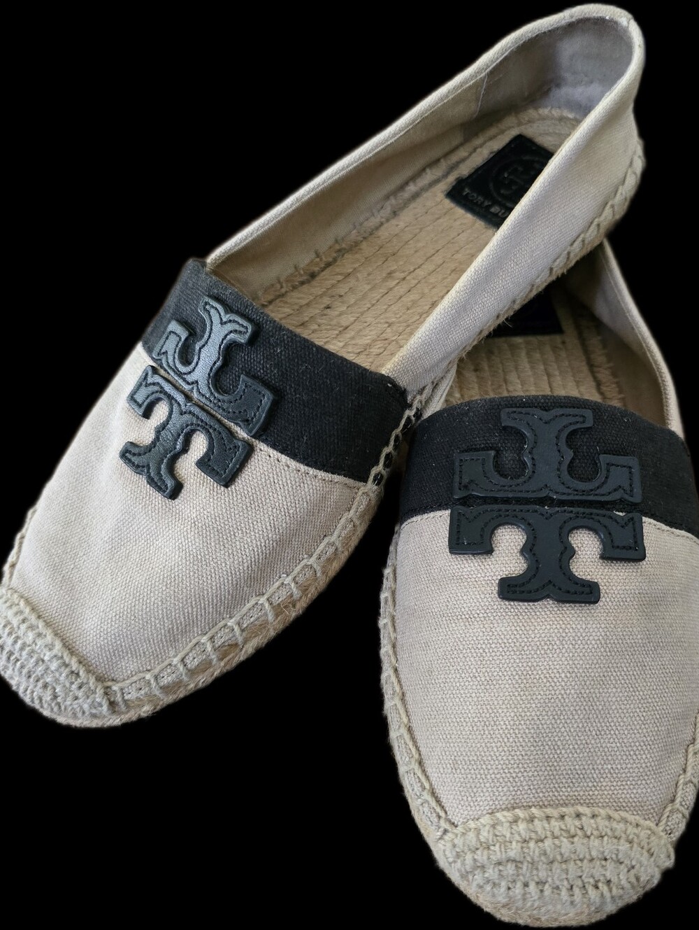 Tory Burch Beige Canvas Loafers with Black Logo Band W8